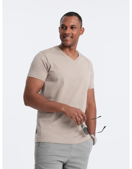 Pánské klasické bavlněné tričko BASIC se serpentinami u krku - pískové V5