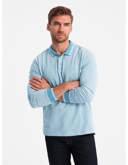 Pánská melanžová polokošile s dlouhým rukávem a výšivkou - modrá melanž V3