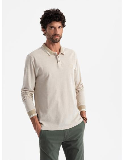 Pánská melanžová polokošile s dlouhým rukávem a výšivkou - písková melanž V4