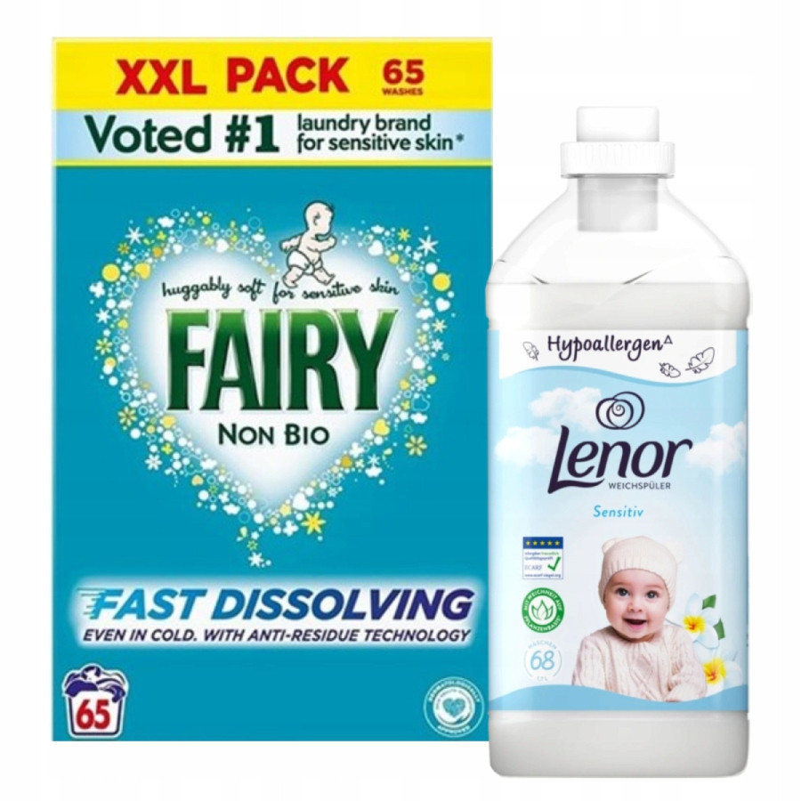 Lenor Sensitiv tekutá aviváž 68p. 1,7l Fairy Non Bio prášek 65p 3,9kg