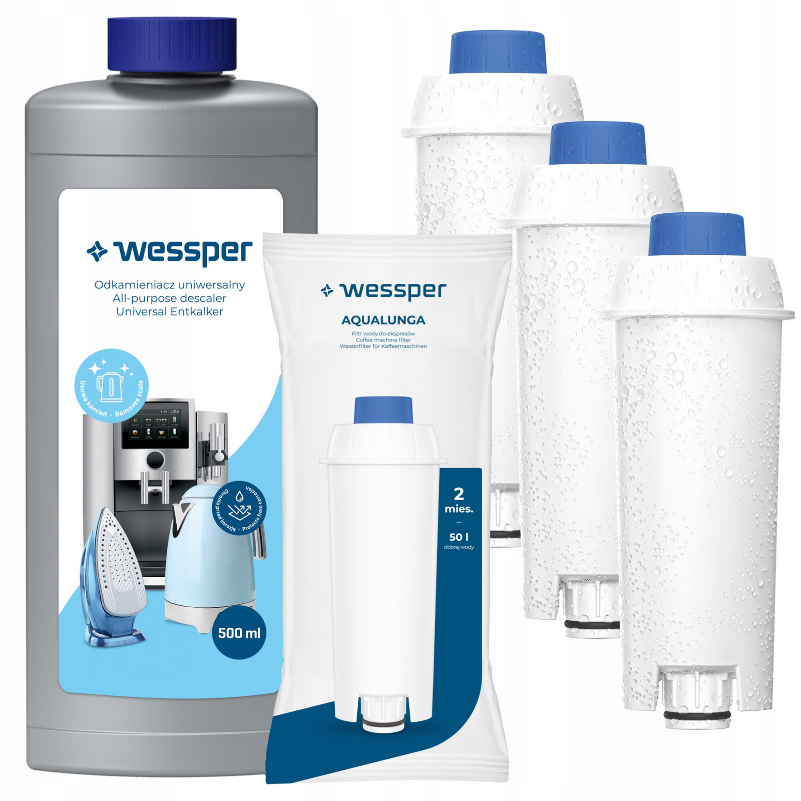 3x vodní filtr Wessper pro kávovar Delonghi odvápňovač 0,5l