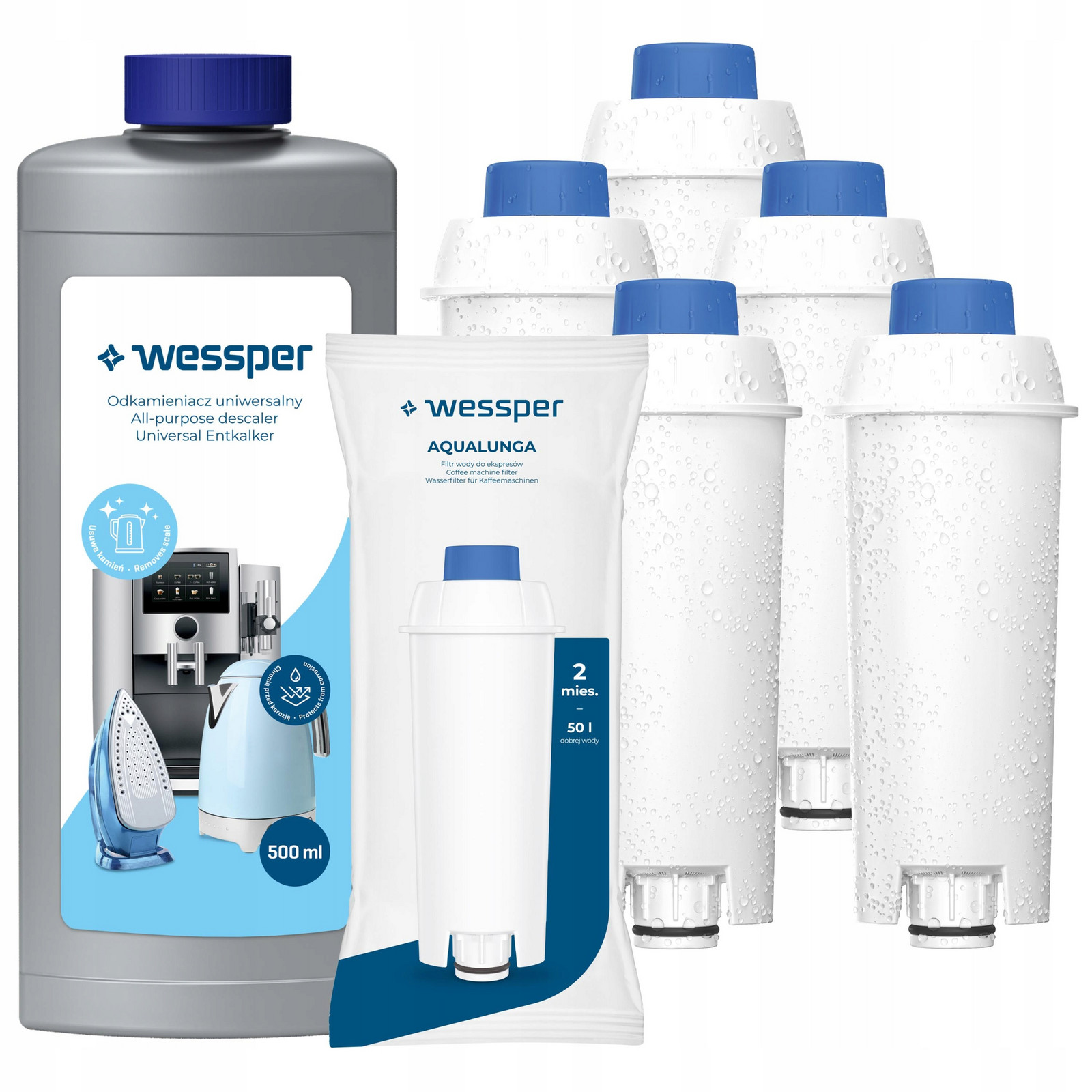 5x vodní filtr Wessper do kávovaru Delonghi Dinamica odvápňovač 500 ml