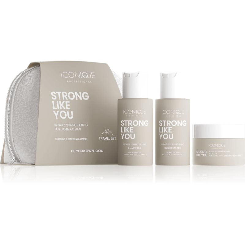 ICONIQUE Professional STRONG LIKE YOU Repair & Strengthening Set: Shampoo 70 ml, conditioner 70 ml & cestovní sada pro poškozené vlasy