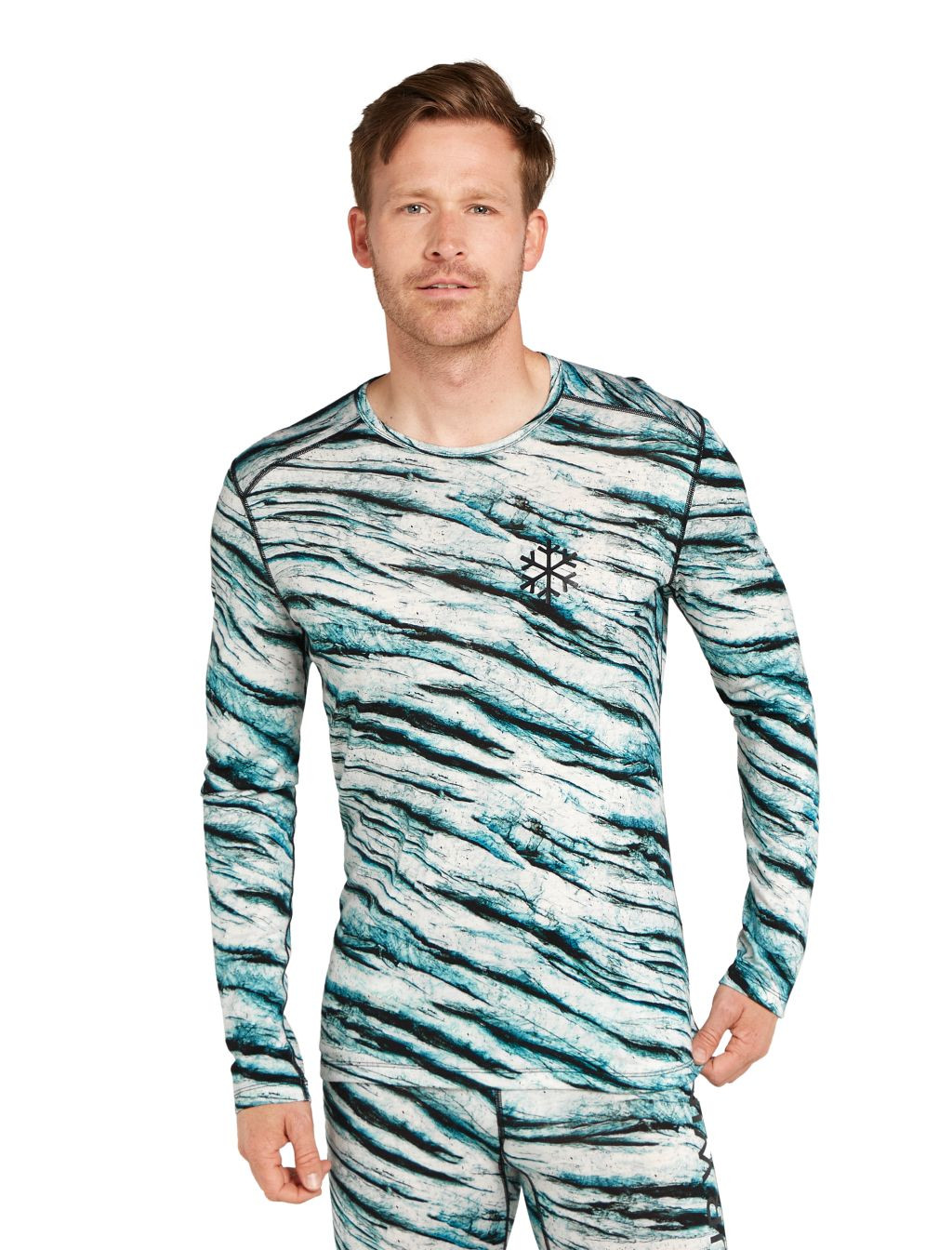 Pánské merino tričko s dlouhým rukávem ICEBREAKER Mens 200 Oasis LS Crewe POW AOP, Snow Aop velikost: XL