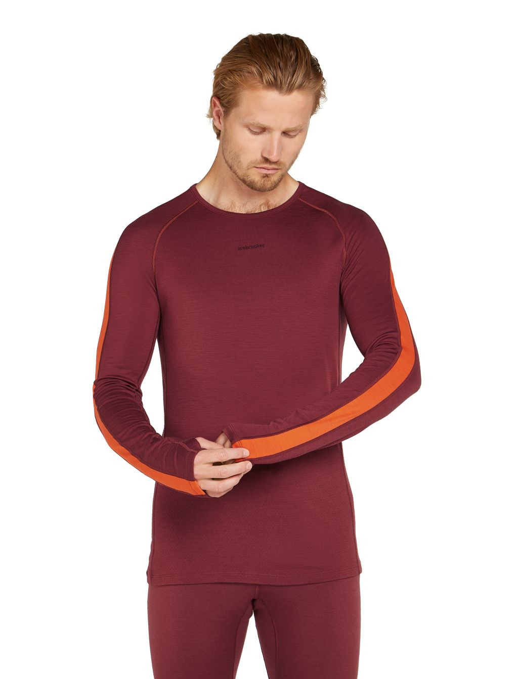 Pánské merino tričko s dlouhým rukávem ICEBREAKER Mens ZoneKnit 200 LS Crewe, Port/Blaze velikost: L