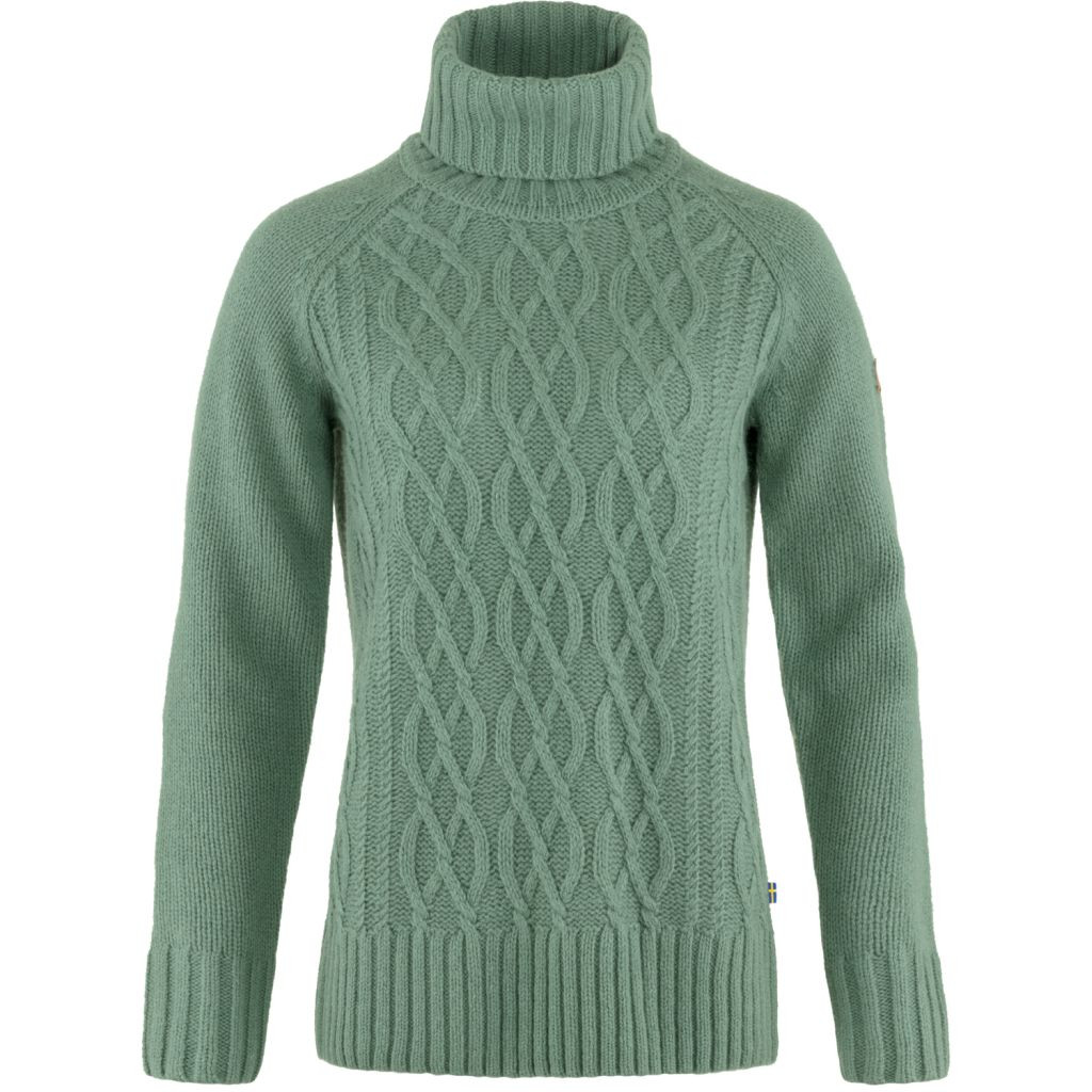 FJÄLLRÄVEN Övik Cable Knit Roller Neck W, Patina Green (vzorek) velikost: S