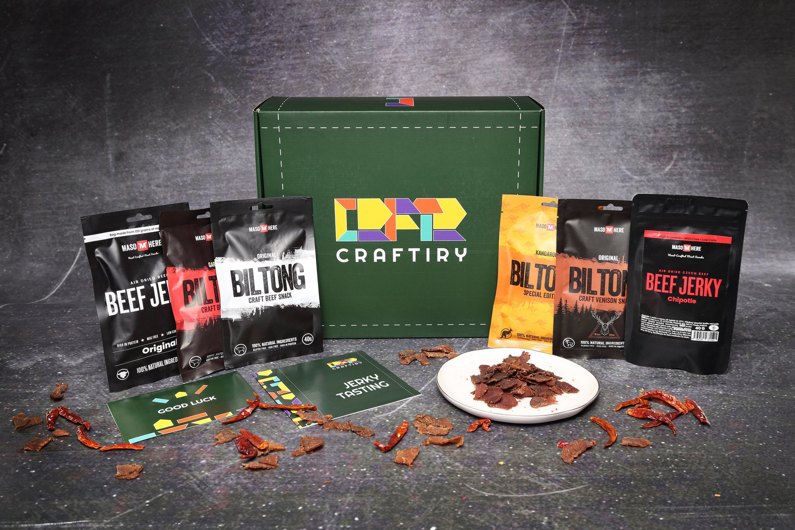 Domácí degustace 6 druhů jerky a biltongu