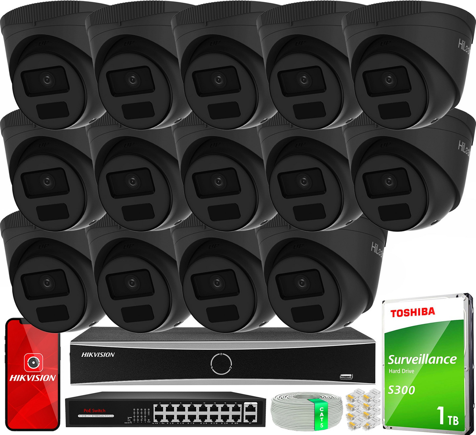 Sada monitorovacích kamer 14x IPC-T241H-C Black Rekordér 16x PoE