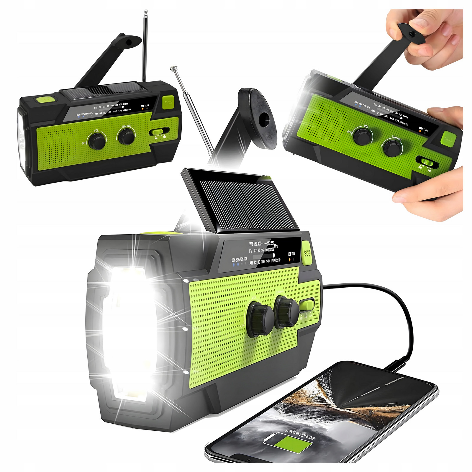 Solární Rádio Powerbanka 4000 mAh Přenosné Nouzové Stavební Am Fm Sos Usb