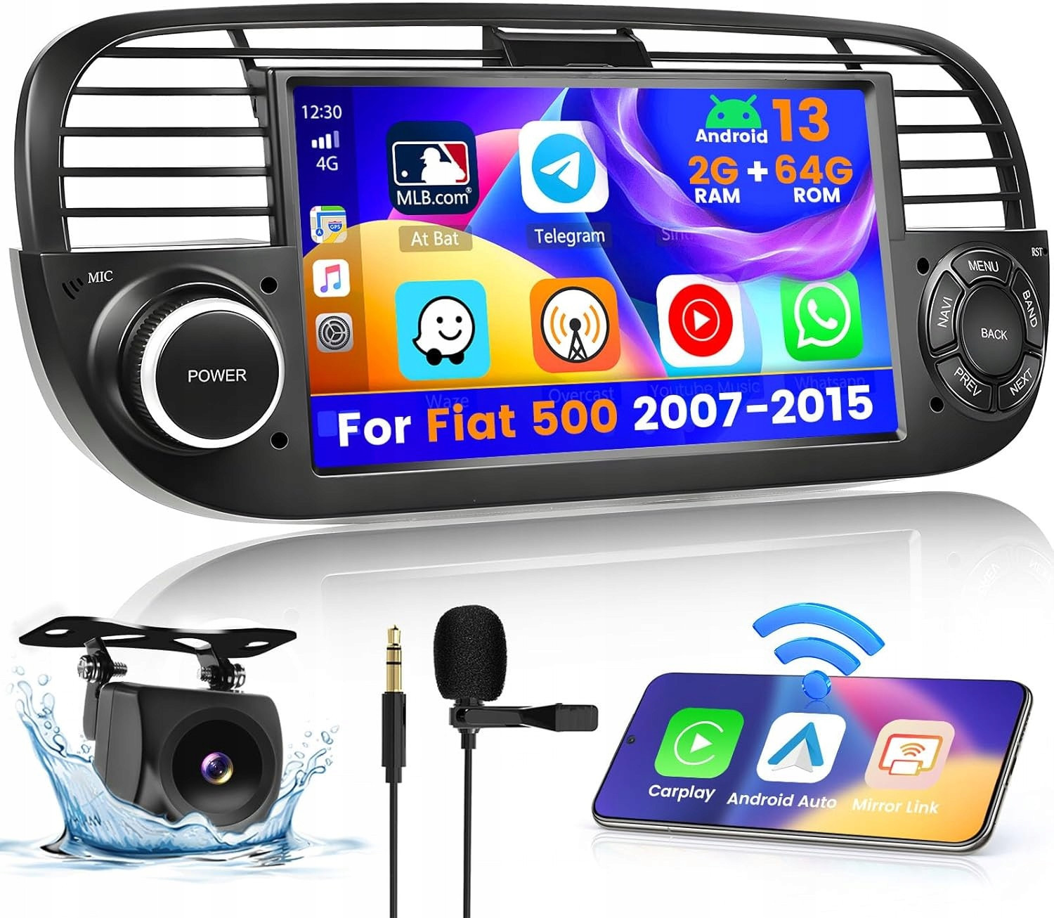 Autorádio Fiat 500 2007-2015 Android Carplay 2GB 64GB 2-DIN