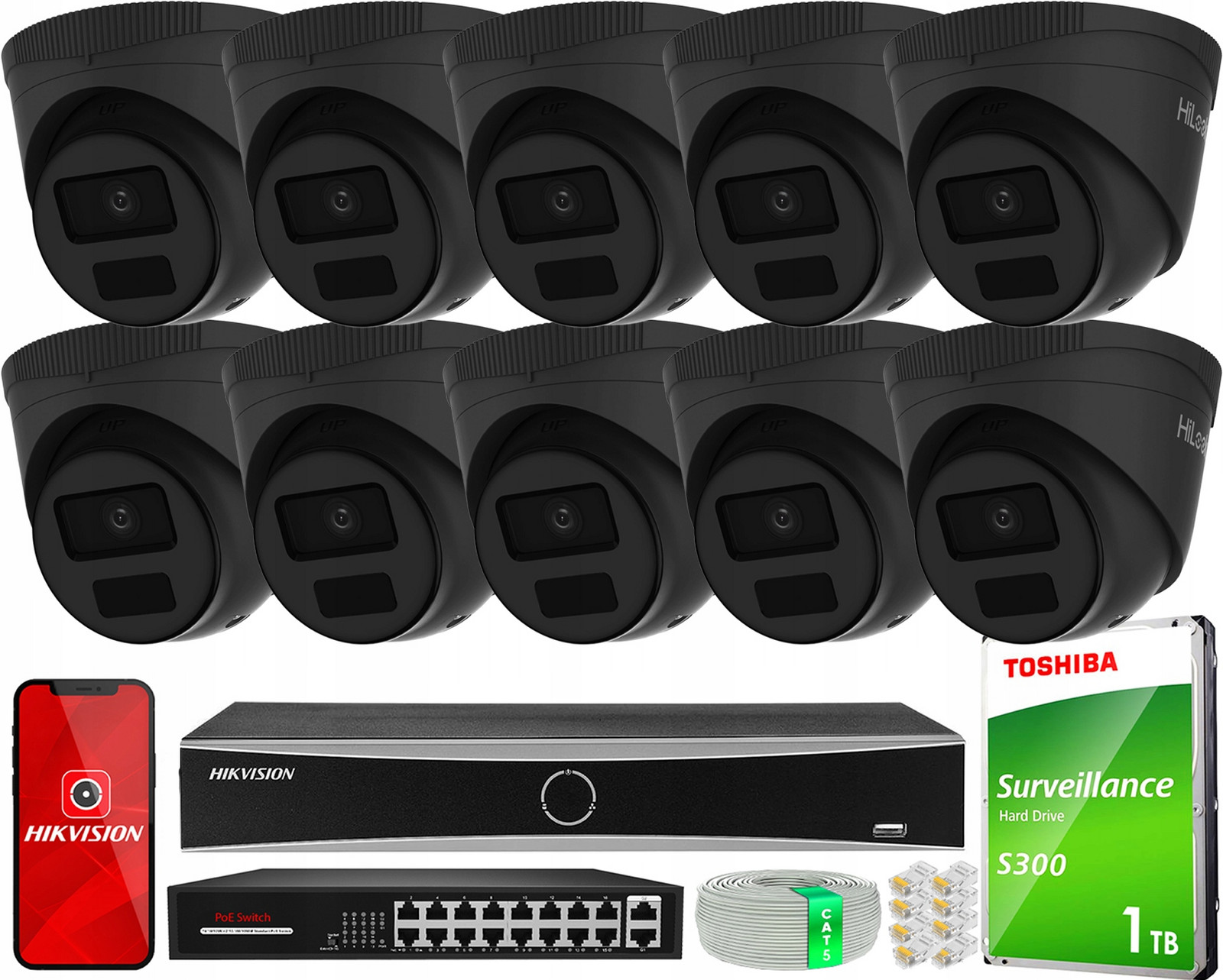 Monitorovací sada 10x IPC-T241H-C Black 4MPx Rekordér DS-7616NXI-K2 1TB