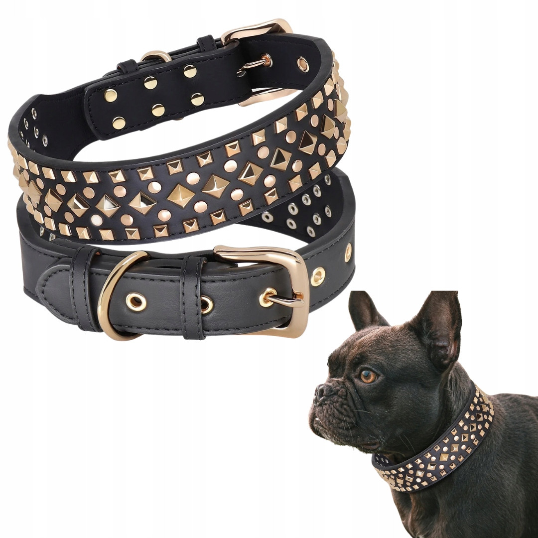 Obojek pro psa Kůže Exkluzivní Buldoček Doberman Nýty Zlaté