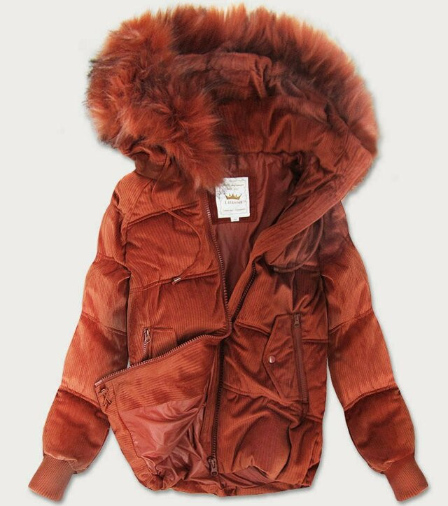 Rudá dámská manšestrová bunda s kapucí (7696) - S (36) - odstíny oranžové