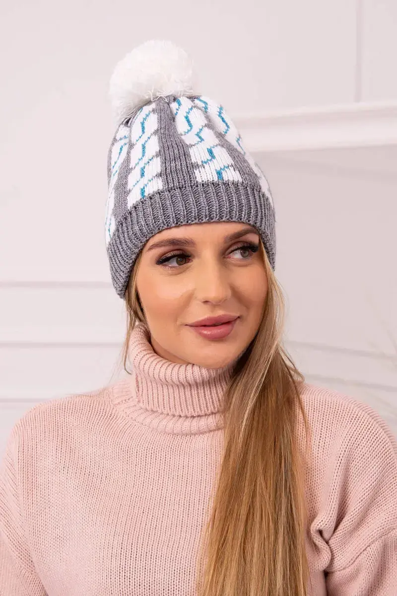 Kesi Dámská čepice s bambulí Rozalia K323 bílá+šedá