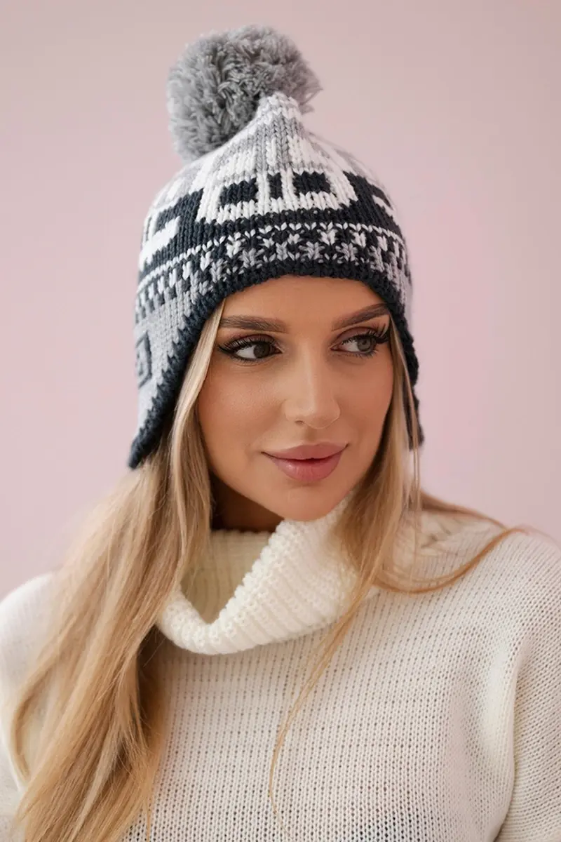 Kesi Rosa dámská čepice s bambulí K368 bílá+grafitová+tmavě šedá