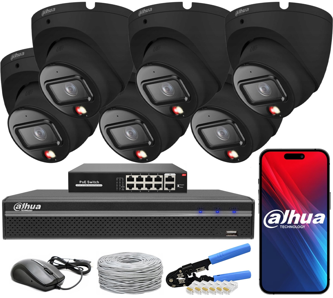 Monitorovací sada Dahua 6 Kamer 6Mpx IPC-HDW1639T-A-IL-0280B-S6 Black PoE