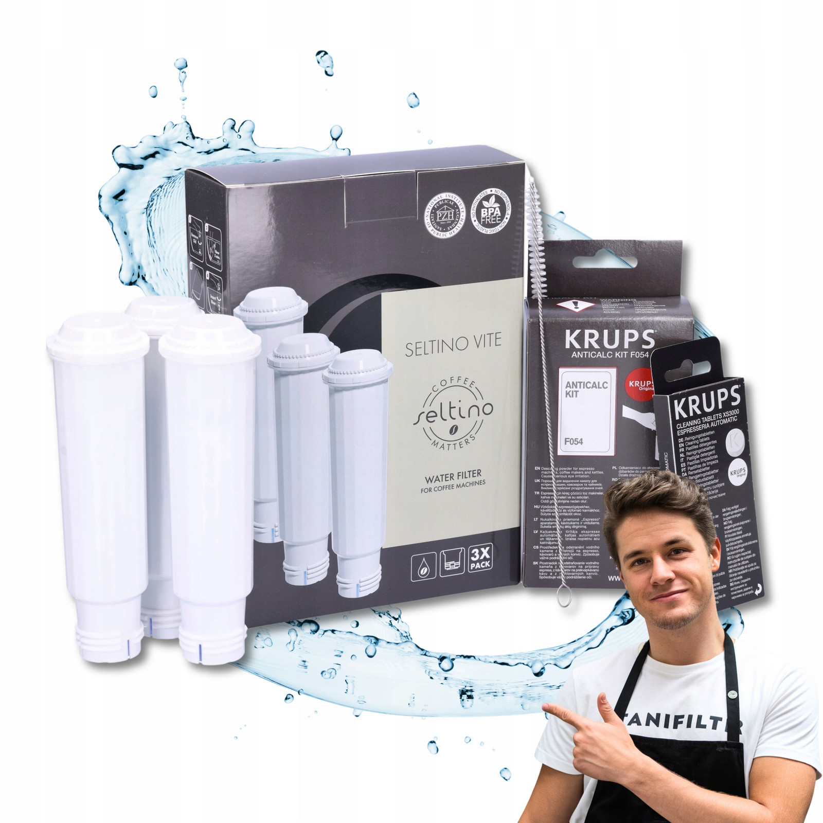 3x Náhrada Vodního filtru pro kávovary Krups a Odvápňovač Tablety Kartáč