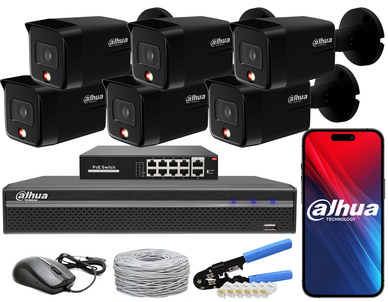 Monitorovací sada Dahua 6 Kamer 6Mpx IPC-HFW1639TC-A-IL Black PoE