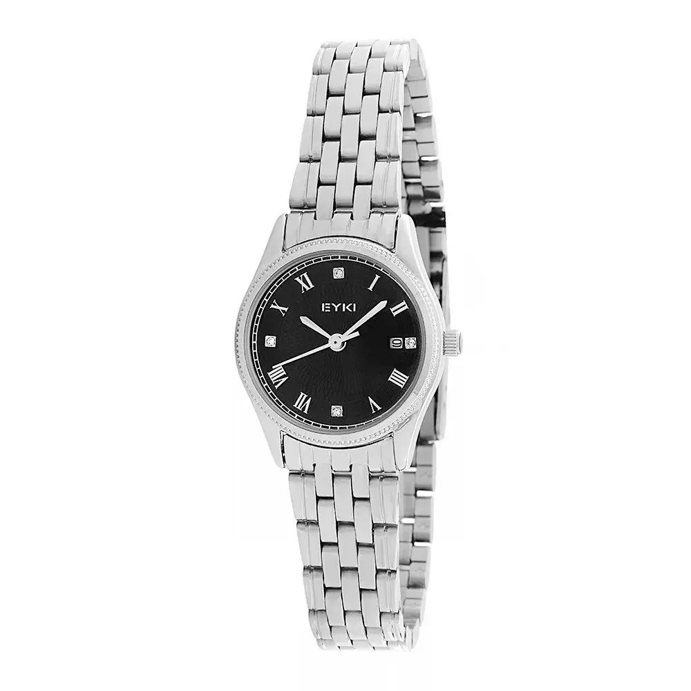 Dámské klasické hodinky s datumovkou na nerezovém tahu. Design hodinek dokonale stylizuje strukturovaný ciferník, jenž obklopují římské číslice a na pozicích 3., 6., 9. a 12. hodiny tak? EYKI Rafa