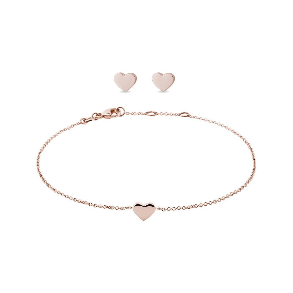 Set srdíčkových náušnic a náramku v růžovém 14k zlatě KLENOTA