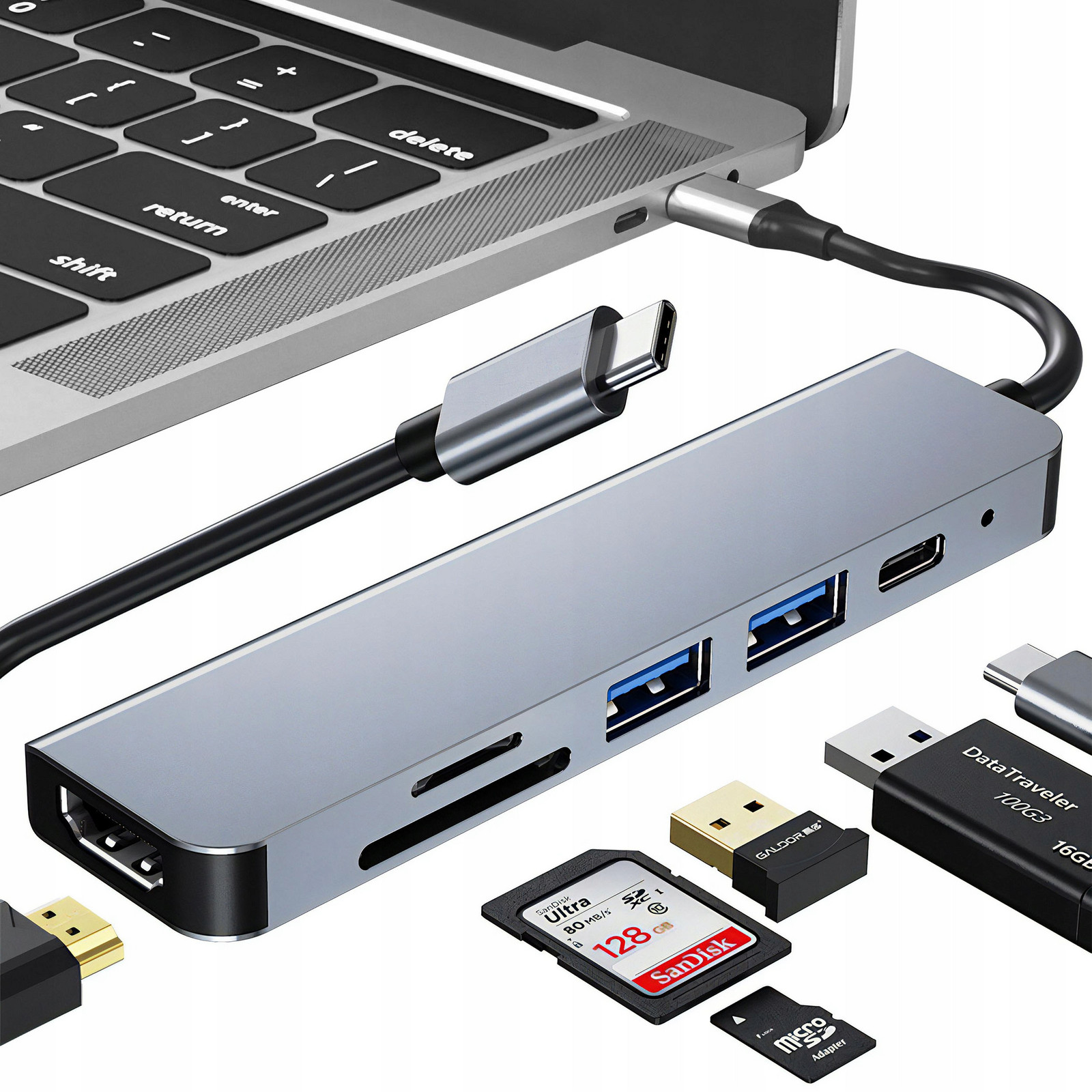 Hub Usb Adaptér 6V1 Rozbočovač Usb-c 2X Usb 2.0 3.0 Hdmi Pd Sd