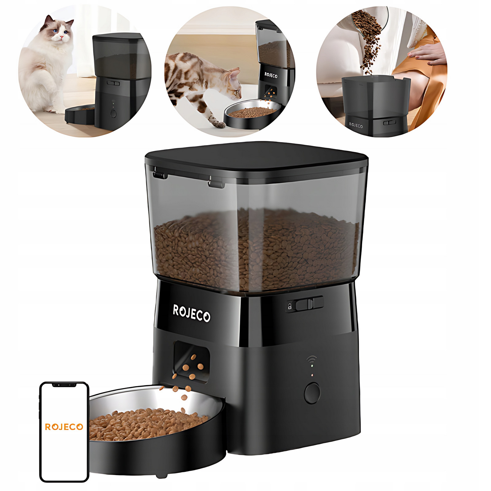 Automatický Dávkovač Miska krmiva Rojeco 2L Pet Feeder WiFi Version Černá