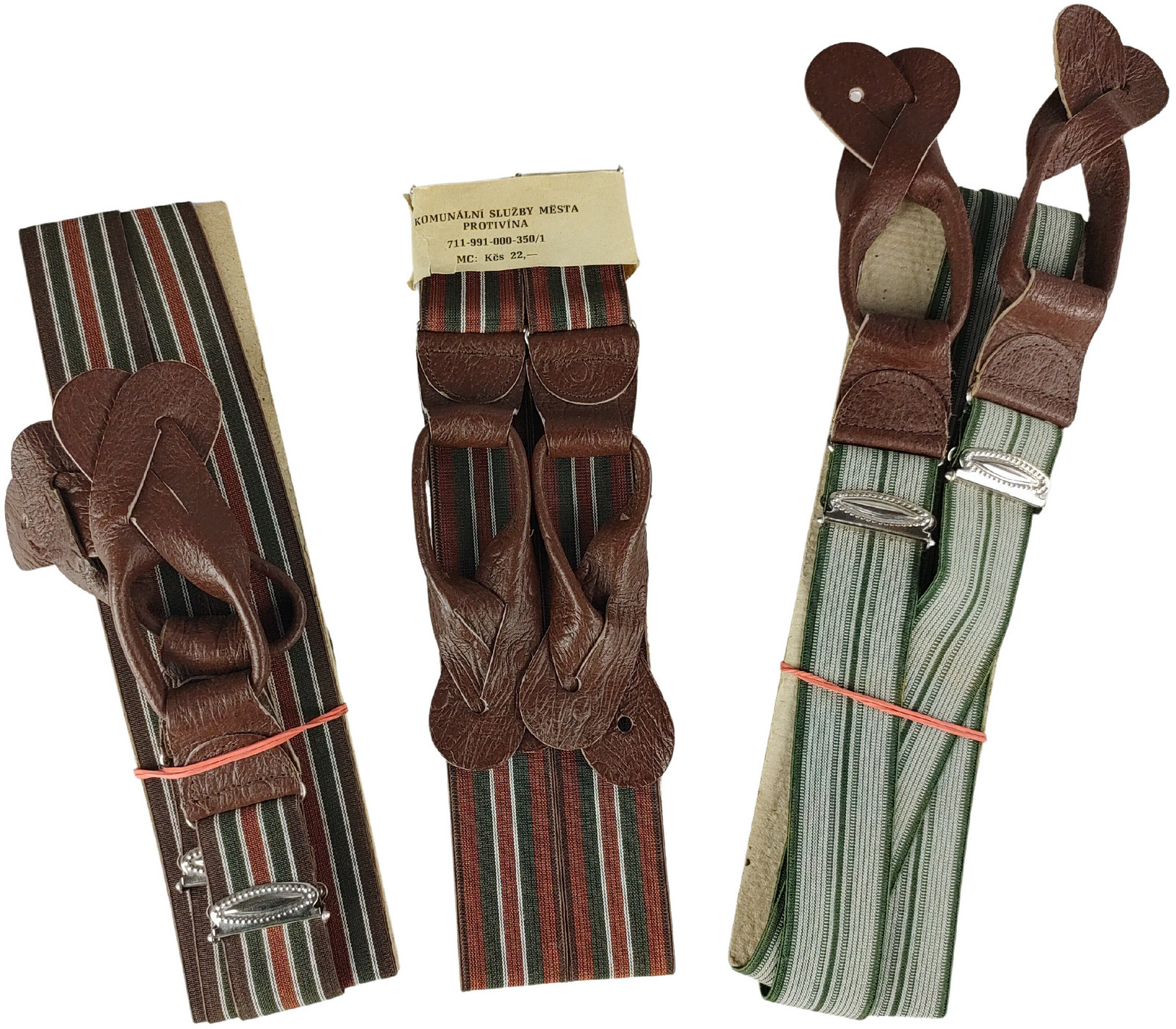 Kšandy pruhované elastické šle s koženými poutky ČSLA originál Barva: hnědo-zelené