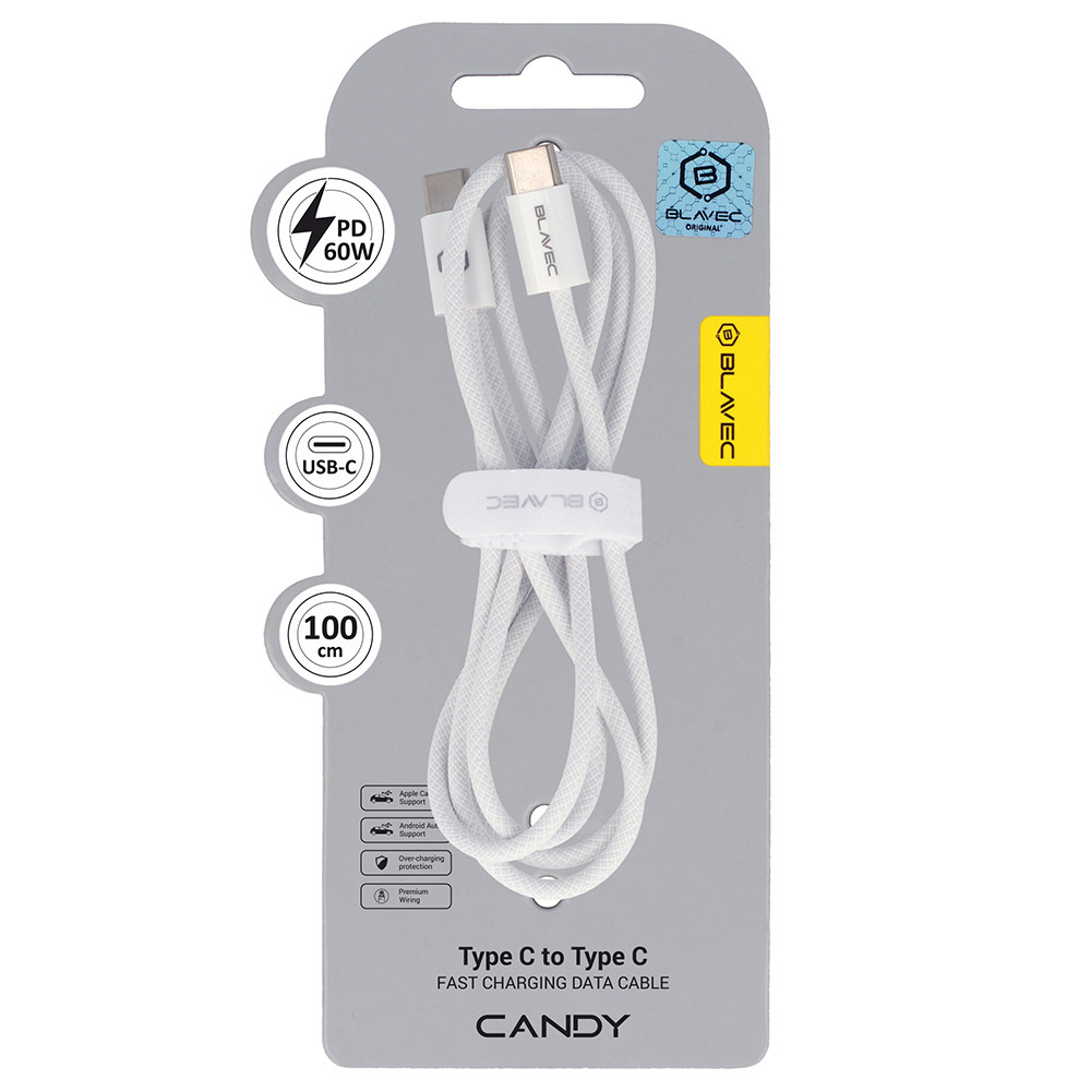 Datový kabel Blavec Candy Braided USB-C - USB-C 60W 3A 1m (CCA-CC3W10) bílý