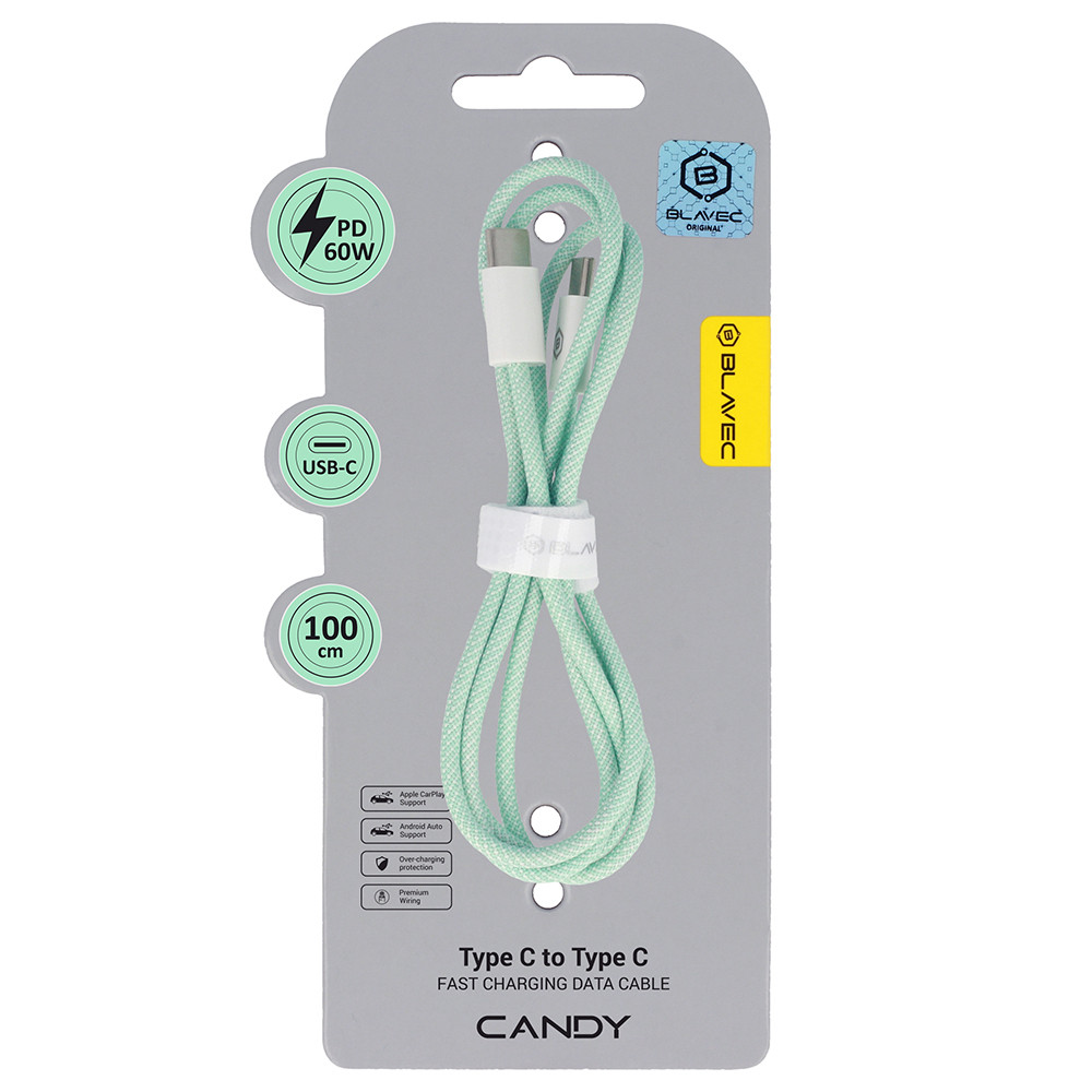 Datový kabel Blavec Candy Braided USB-C - USB-C PD 60W 3A 1m (CCA-CC3GN10) zelený
