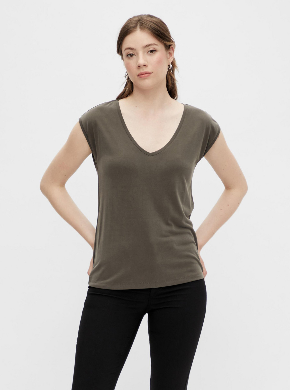 Khaki basic tričko Pieces Kamala - Dámské