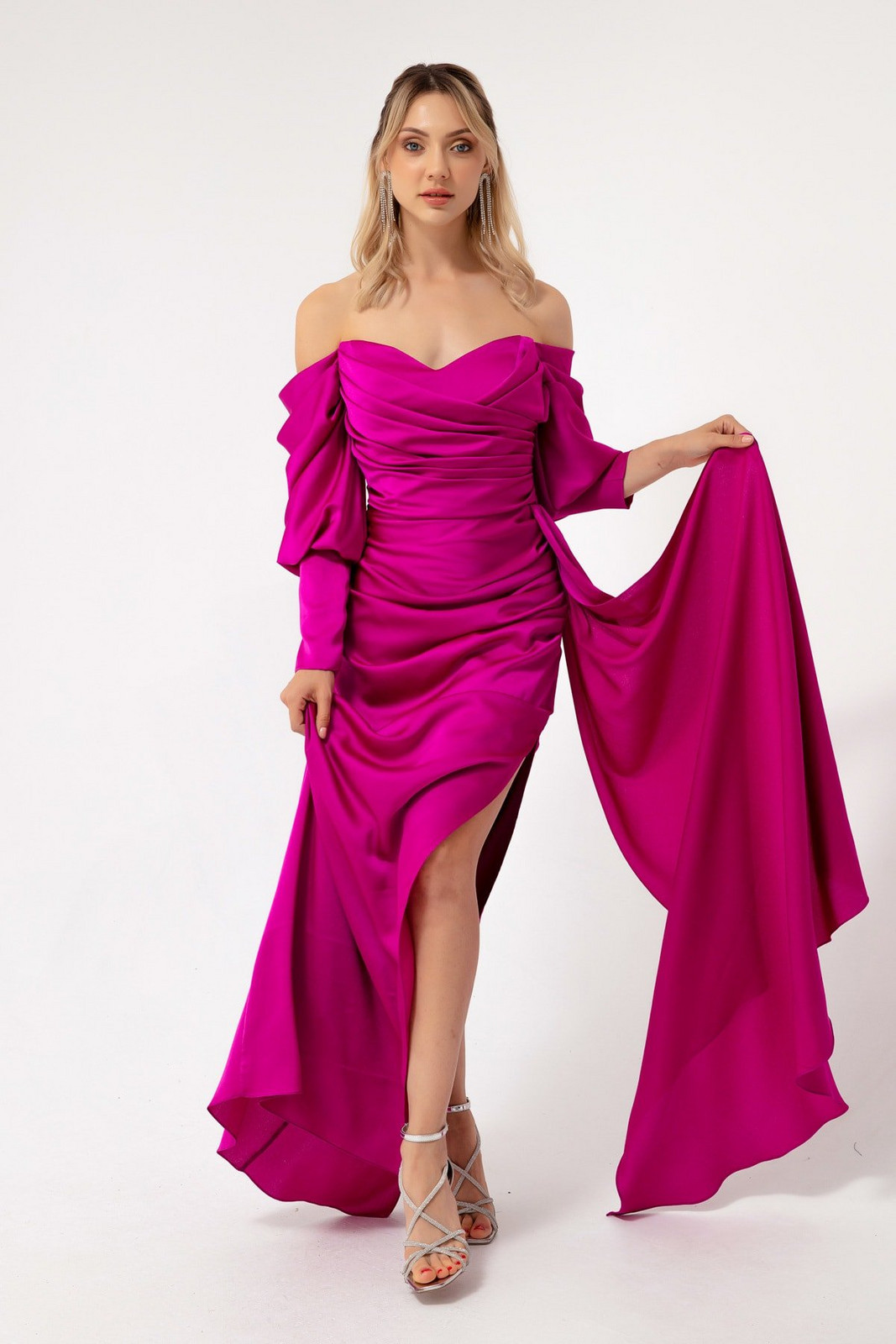 Lafaba Women's Purple Boat Neck Draped Satin Evening Dress