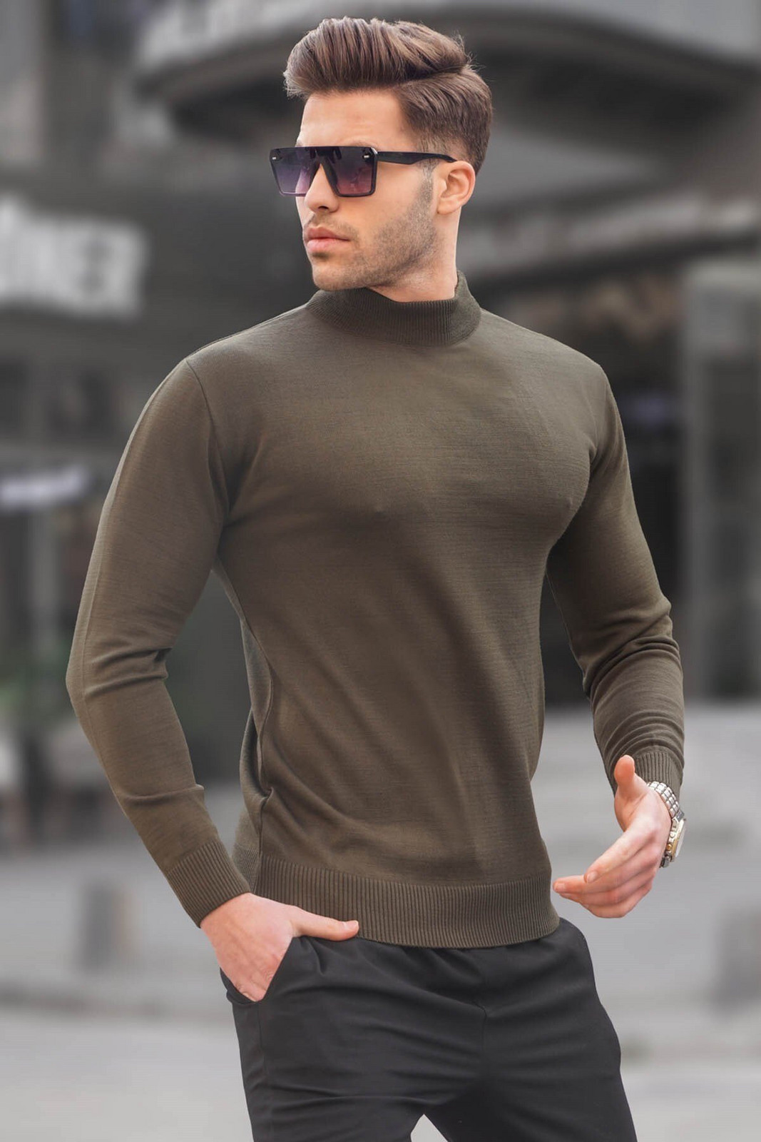 Madmext Khaki Slim Fit Half Turtleneck Men's Knitwear Sweater 6343