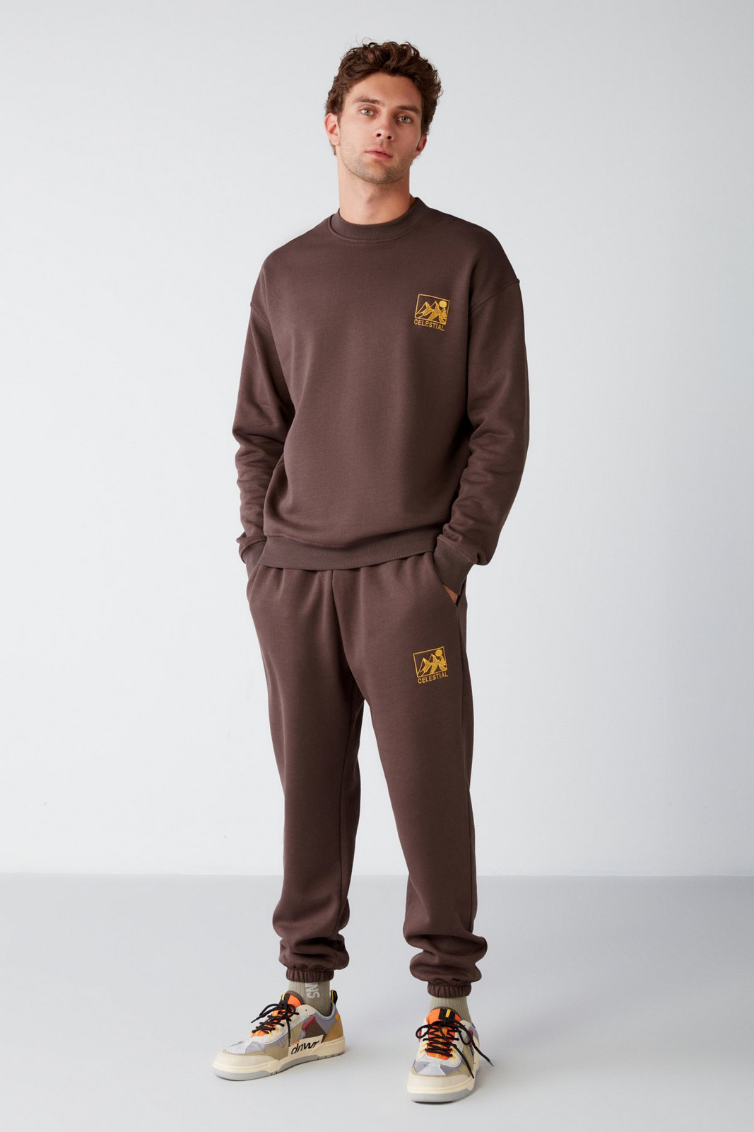 GRIMELANGE Benji Men's Soft Fabric Embroidered Brown Tracksuit Set