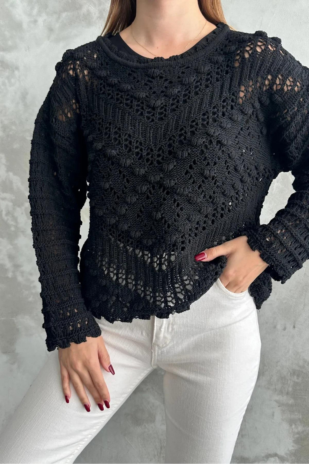 69491 Dewberry Patterned Openwork Knitwear Womens Sweater-BLACK