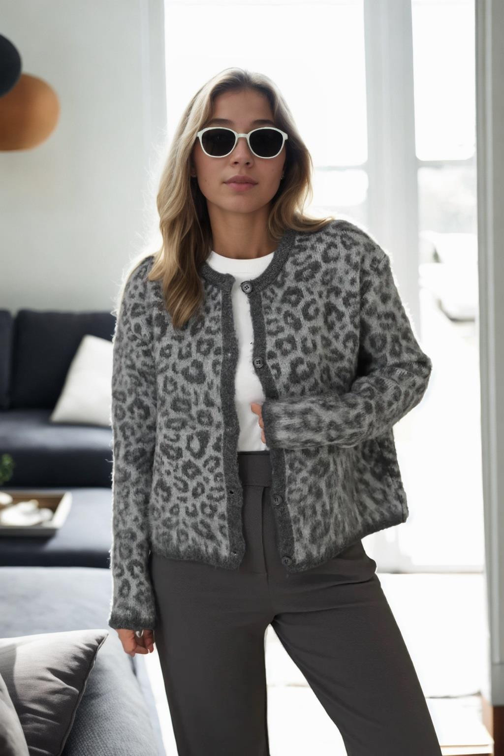 61353 Dewberry Leopard Patterned Cardigan-ANTHRACITE