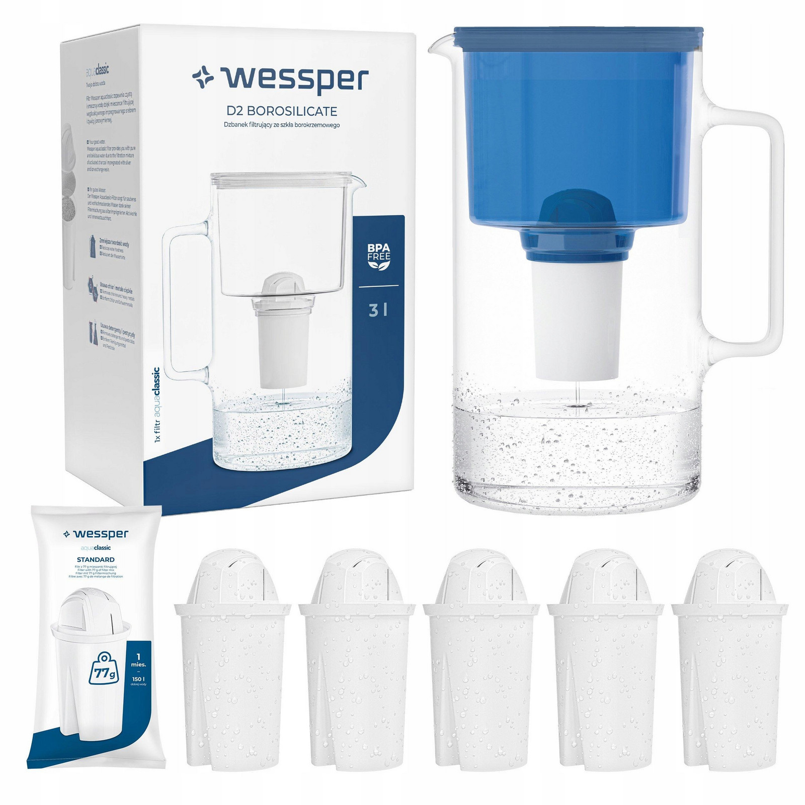 Skleněná Konvice Wessper D2 Borosilicate 3l 6x Filtr Wessper aquaclassic