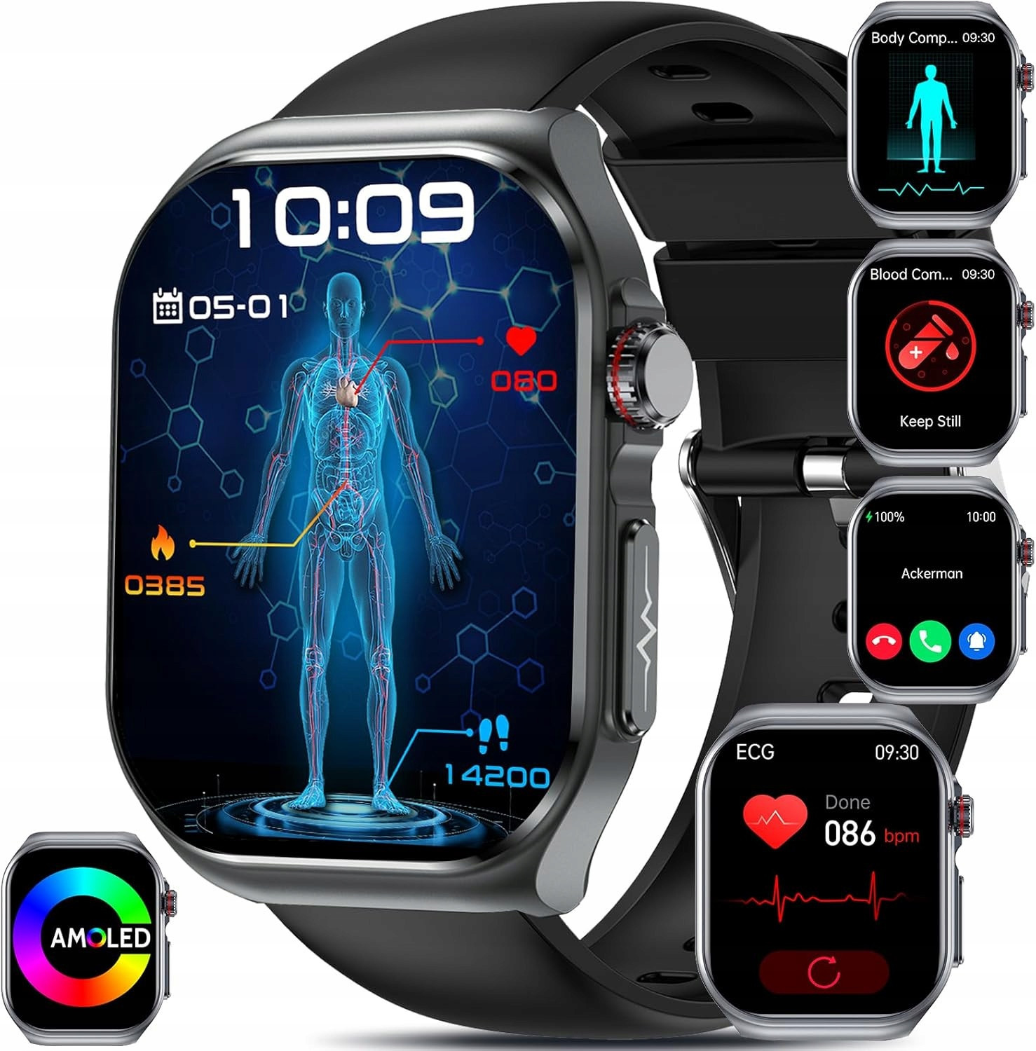 Chytré Hodinky Hodinky Kardiowatch Ekg Amoled černé