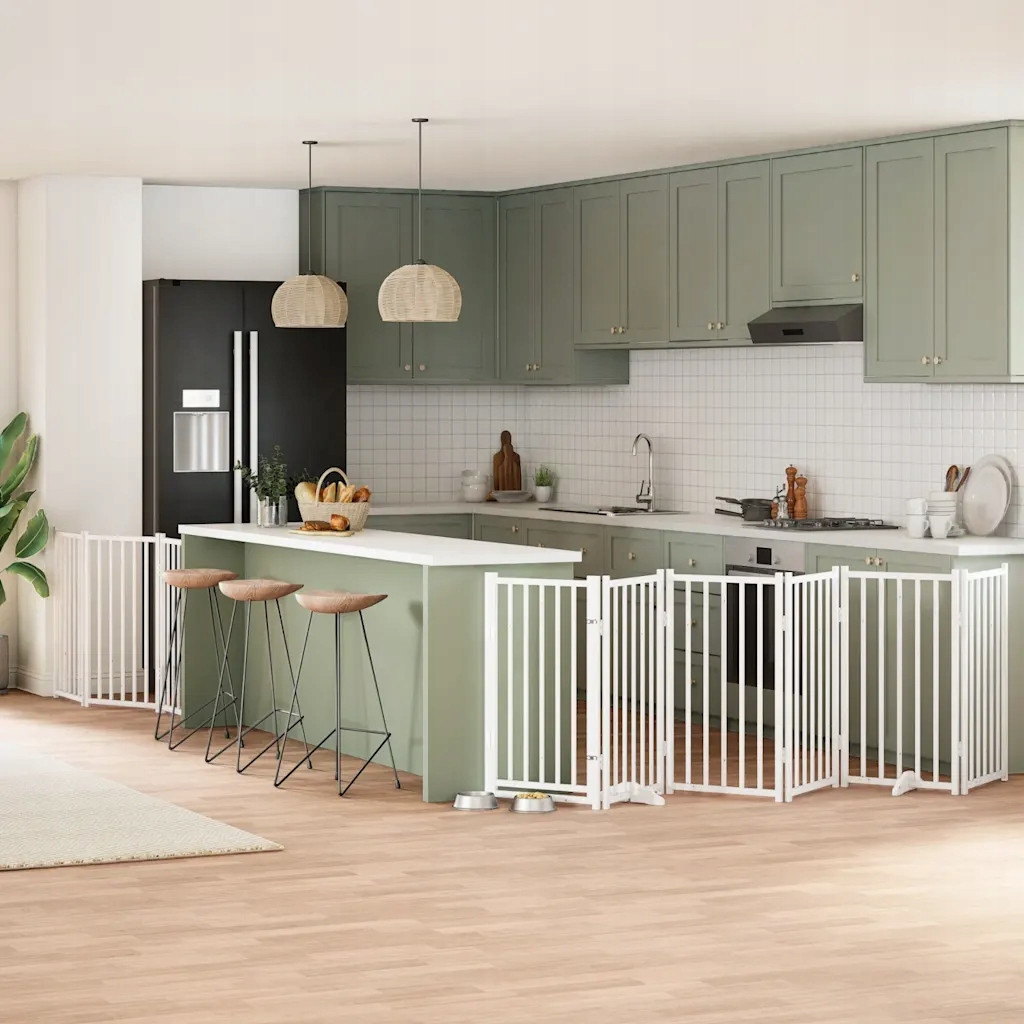 Skládací branka pro psa, s dveřmi, 9 panelů, bílá, 450 cm