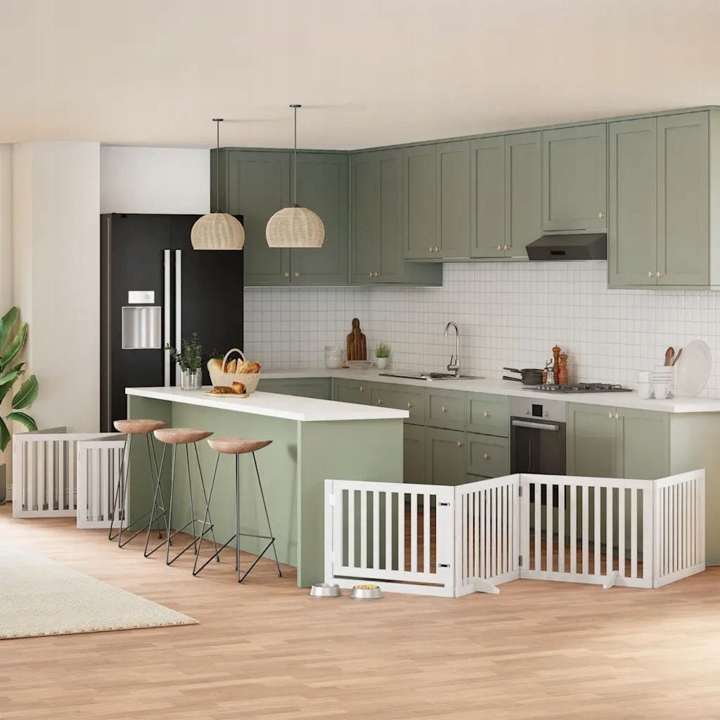 Skládací branka pro psa, s dveřmi, 10 panelů, bílá, 800 cm