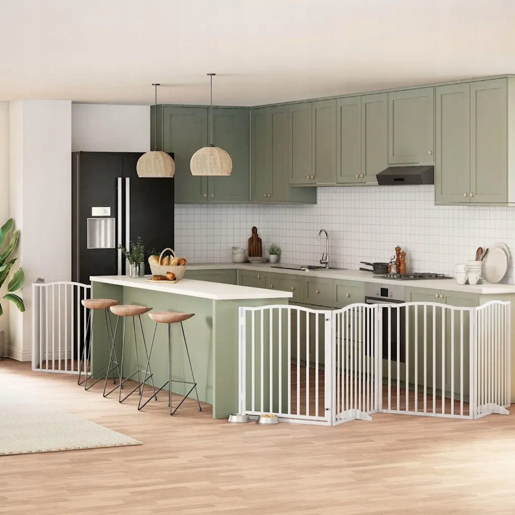 Skládací branka pro psa, s dveřmi, 8 panelů, bílá, 640 cm