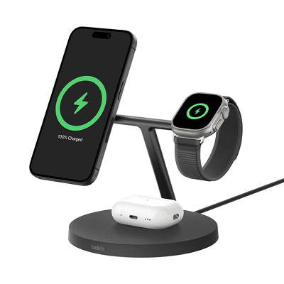 Magnetický stojan Belkin Boost Charge Pro Qi2, 15W 3v1 s Apple watch fast charge, černá