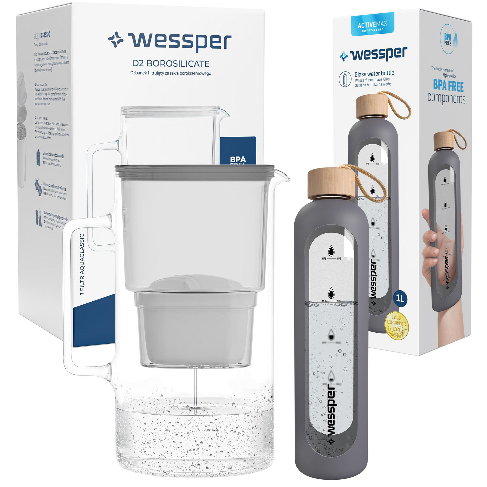 Skleněná filtrační konvice Wessper 3,3l Skleněná lahvička na vodu šťáva 1l