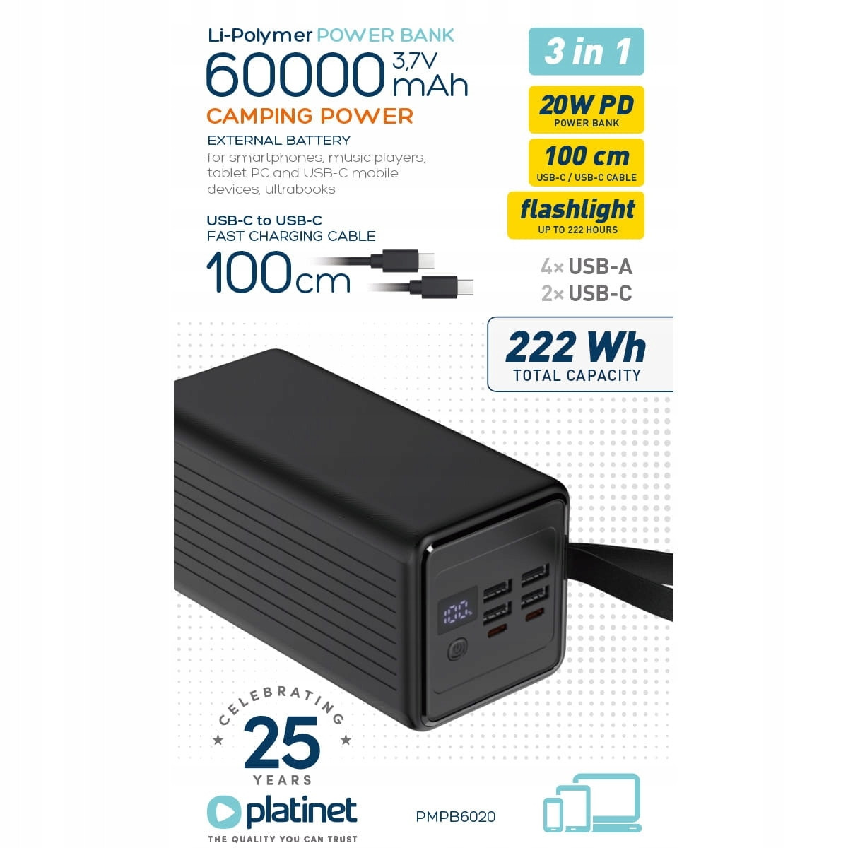 Powerbanka 60 000 mAh 20W Pd