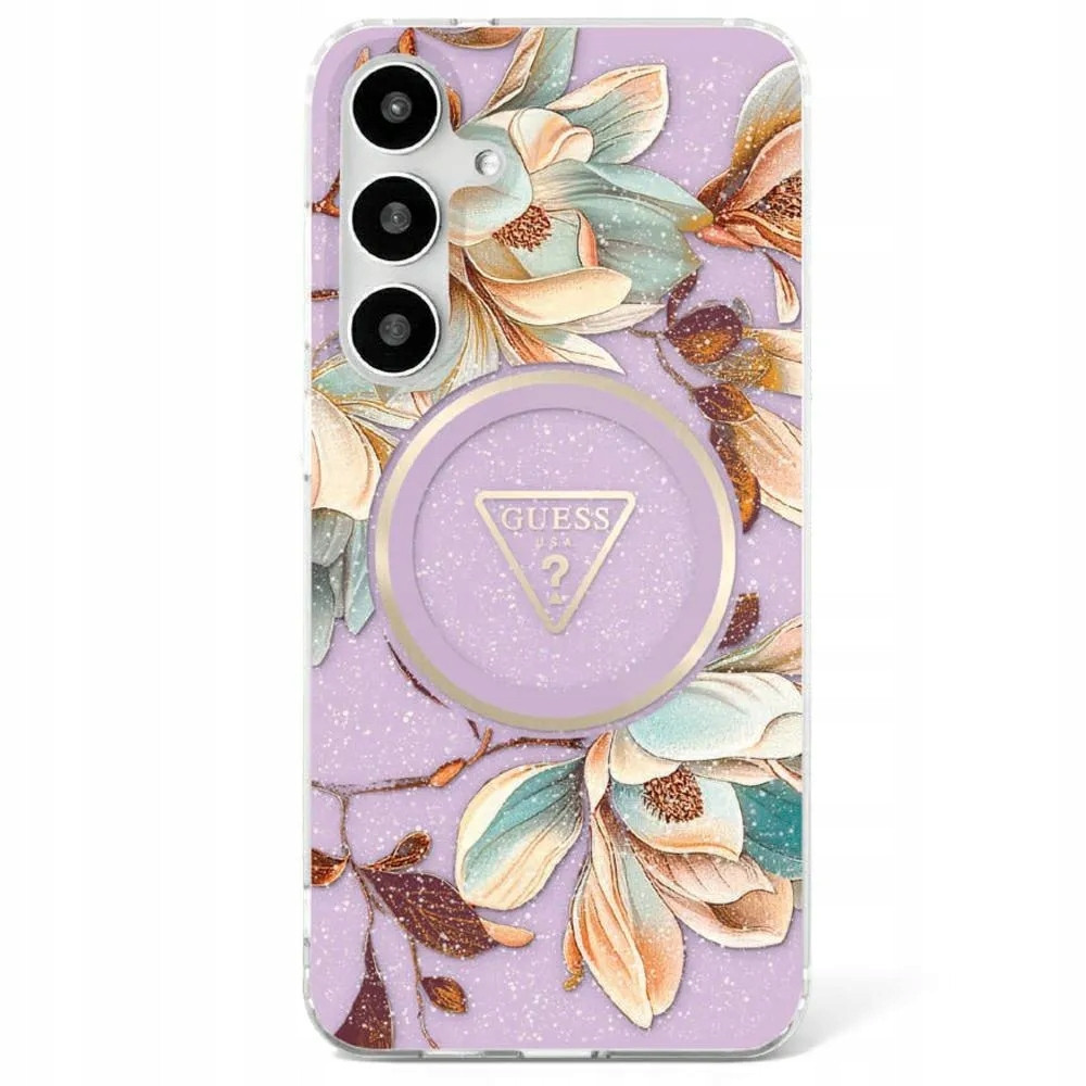 Guess pouzdro pro Samsung S25 Ultra Magnetic Metal Flowers Triangle fialové