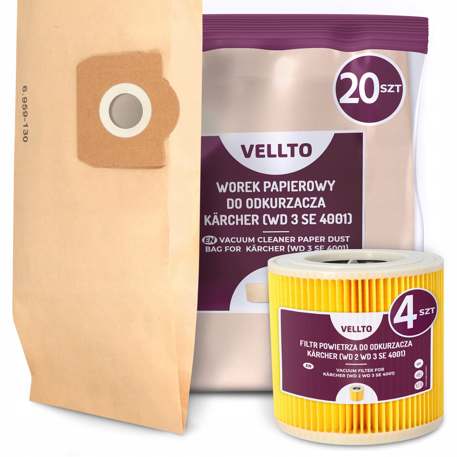 20x Sáček do Vysavače Kärcher WD3 SE4001 WD2 Plus V17 V15 MV3 4x Filtr