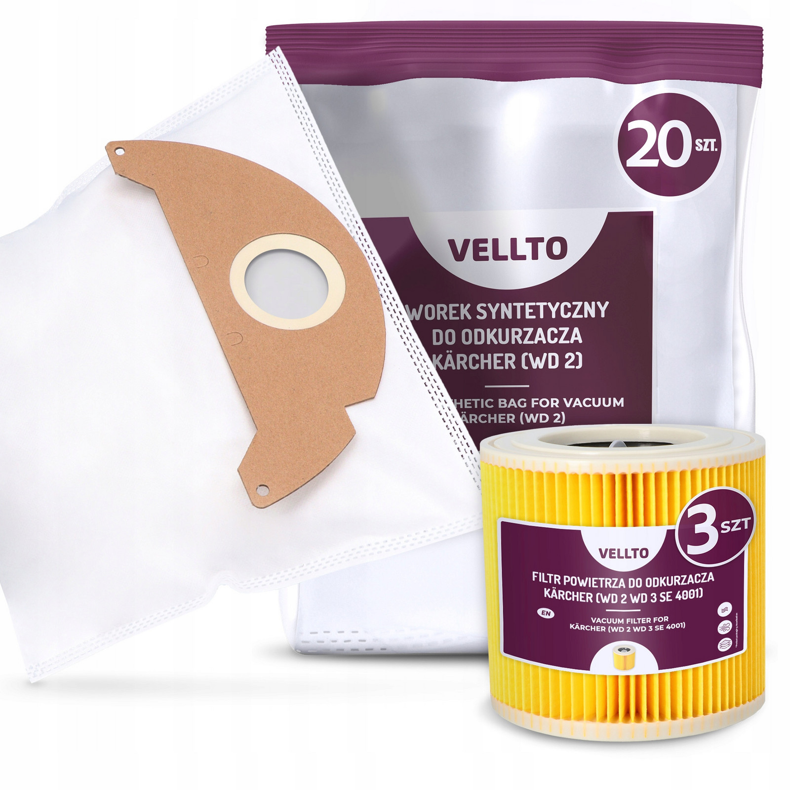 20x Sáček do Vysavače Kärcher WD2 MV2 A2054 A2004 SE2001 SE3001 3x Filtr