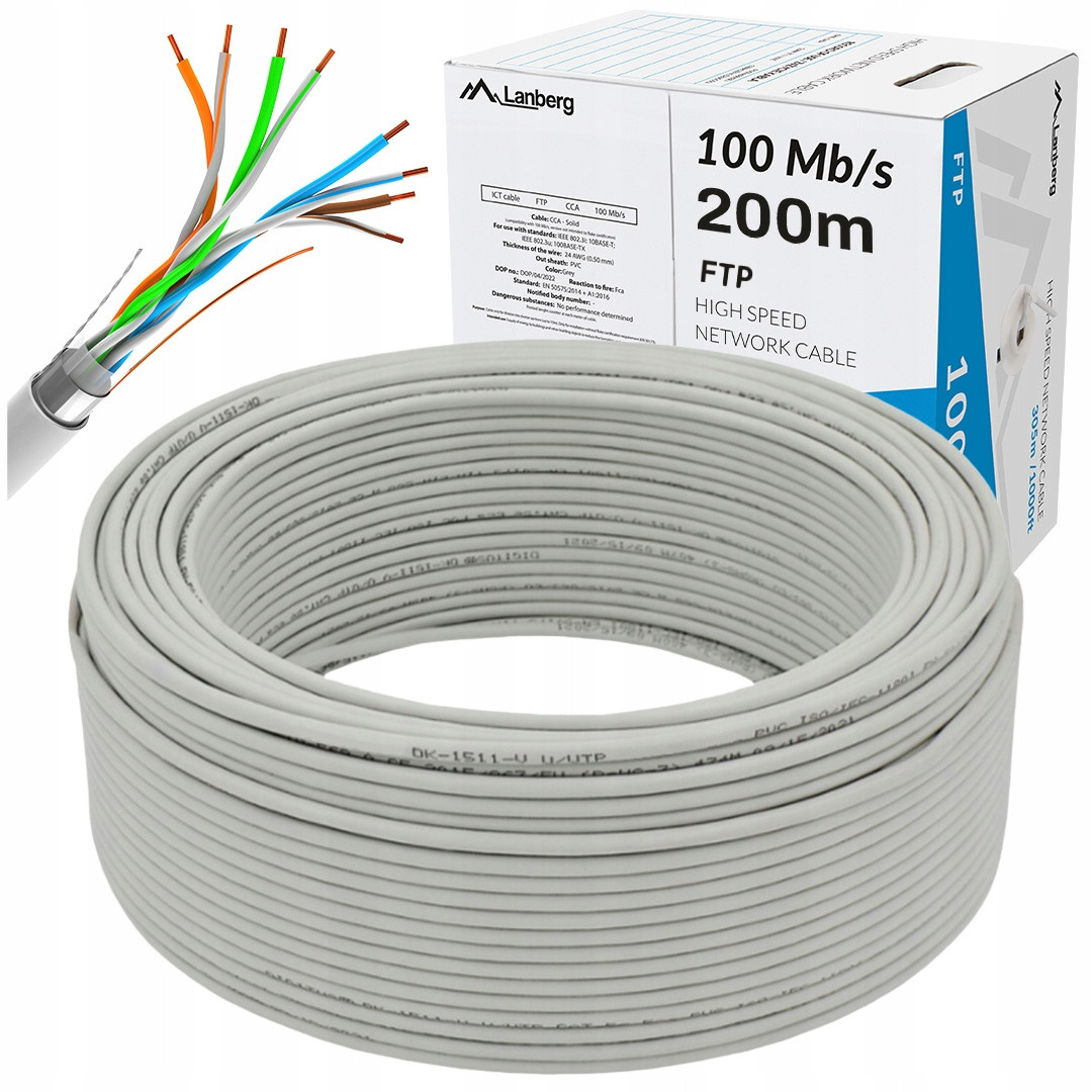 Kabel Síťový Lan Šroubovák Ftp 100MB/S 200M Drát Cca Šedý Lanberg