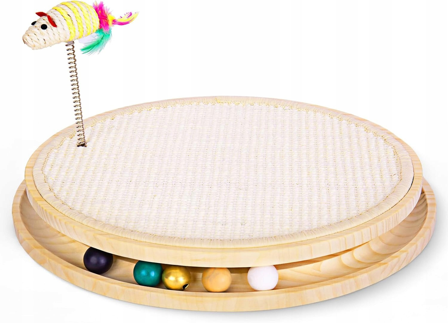 Dřevěná Hračka pro kočky se sisalovým otočným talířem a 5 míčky