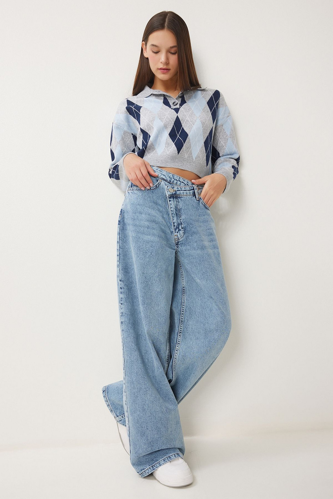 Happiness İstanbul Women's Blue High Waist Wide Leg Jeans