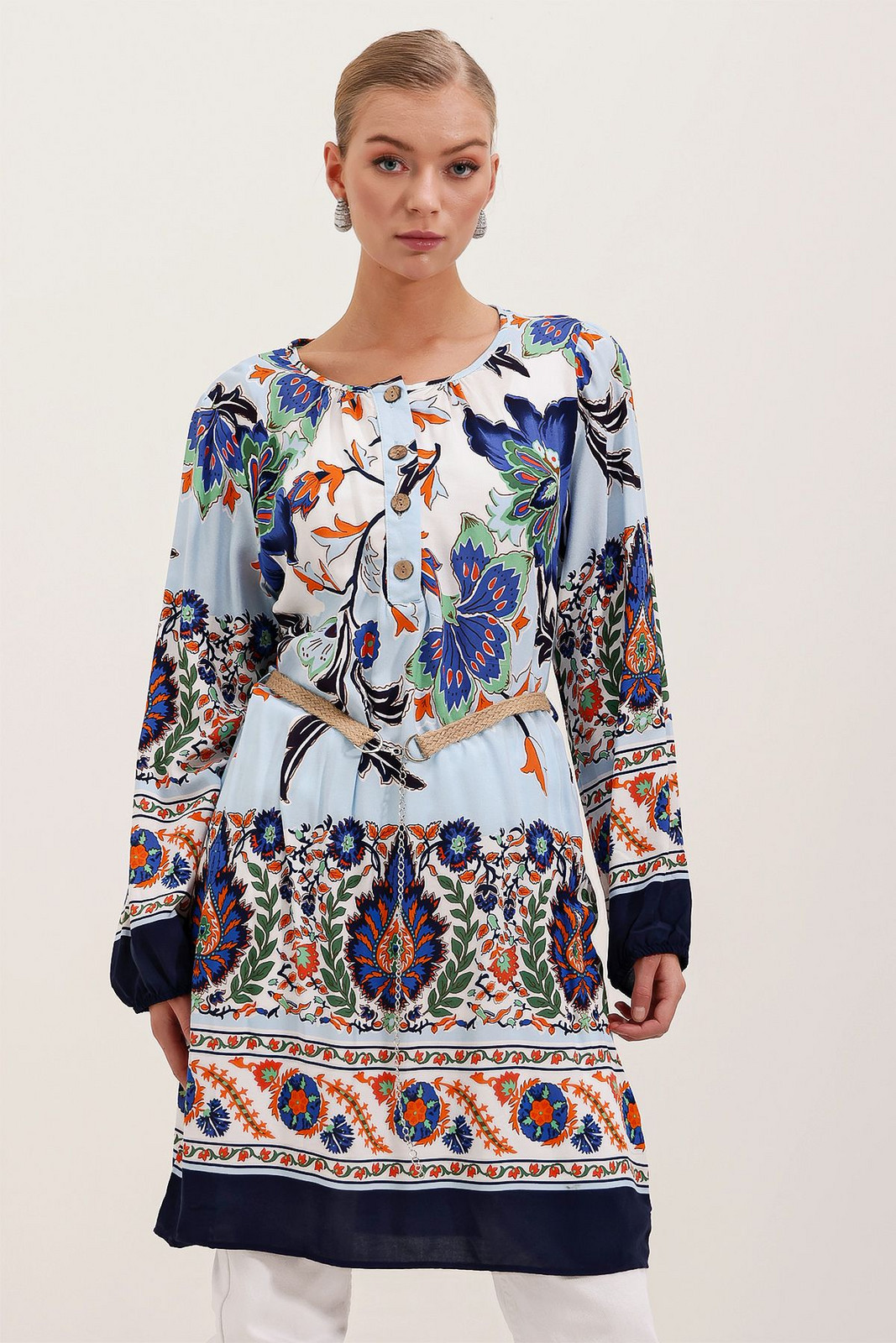 Bigdart 5902 Belted Patterned Dress - Navy Blue